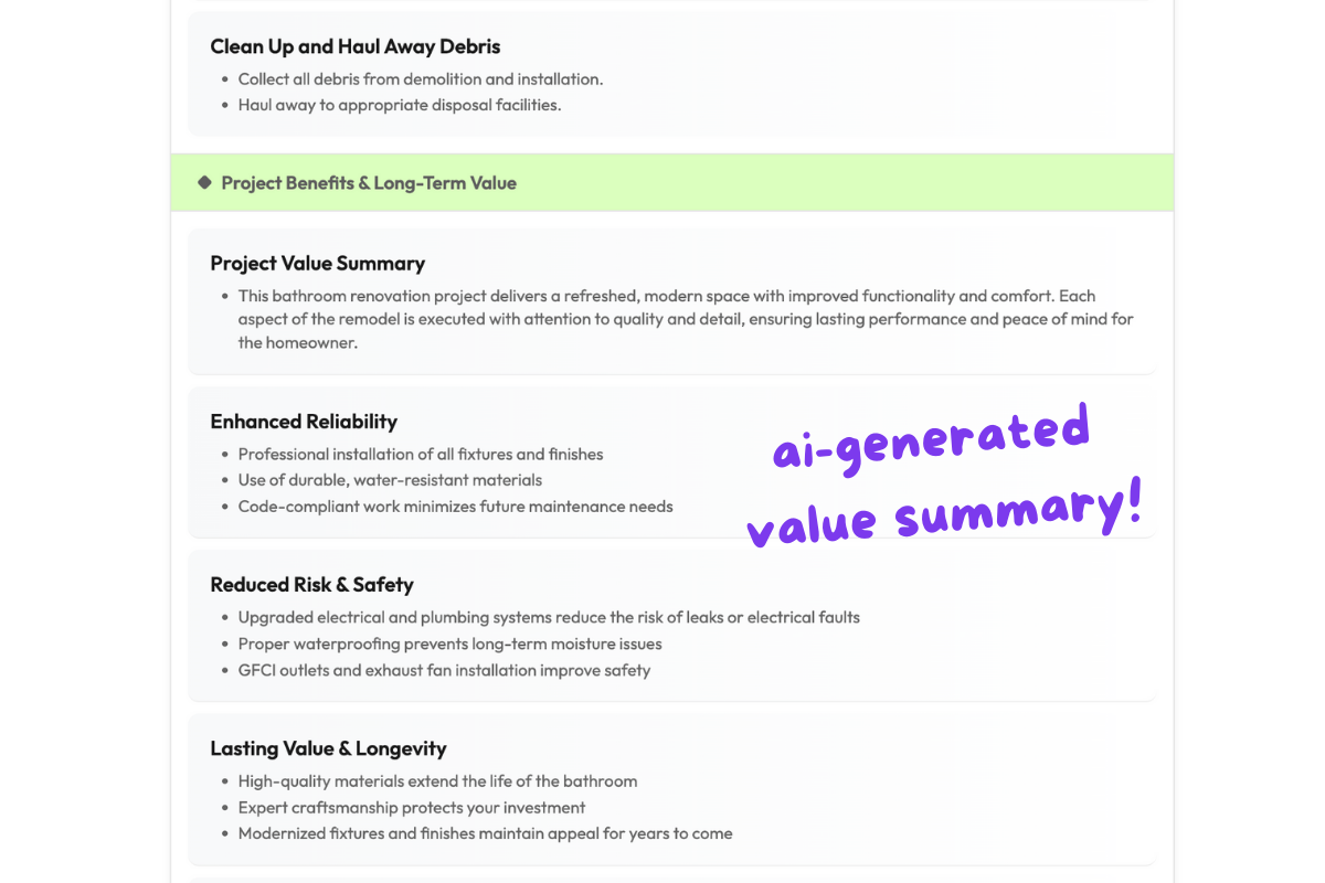 Project value summary on customer proposal