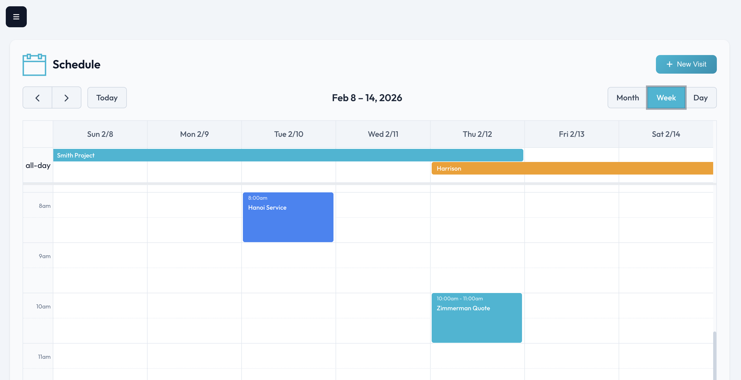 EZcontractPRO Calendar - Week view with time blocks and status indicators