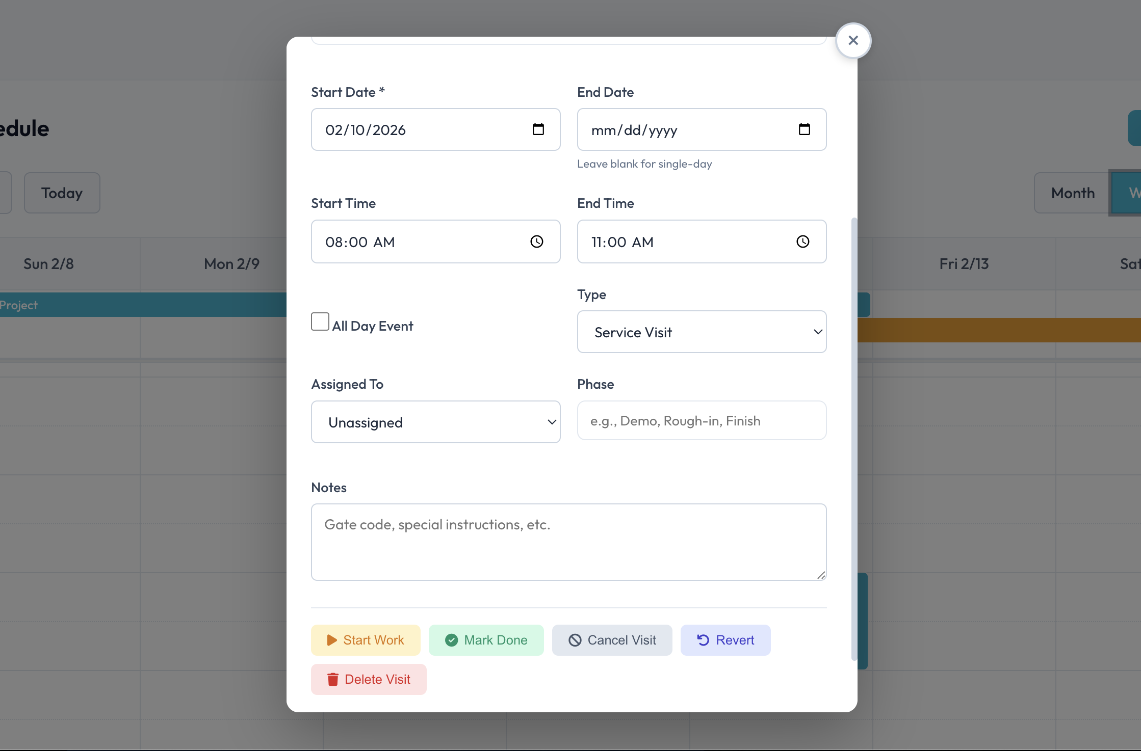 EZcontractPRO Calendar - Visit details panel with status buttons and actions